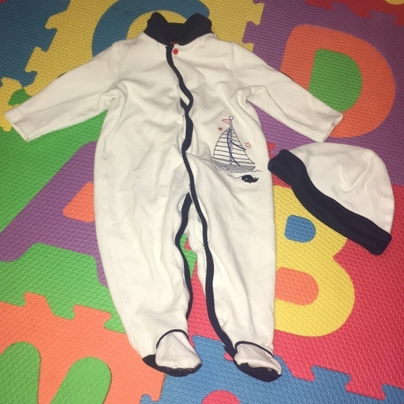 Little sailor infant Pajama Set with hat Sz 9 months old unisex romper one piece - Picture 1 of 5